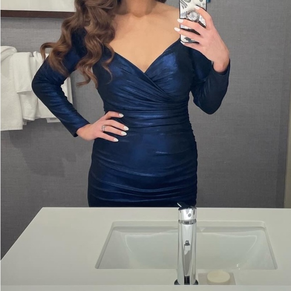 Shine Off Shoulder Navy Blue Ruched Mini Sheath Dress by Express.